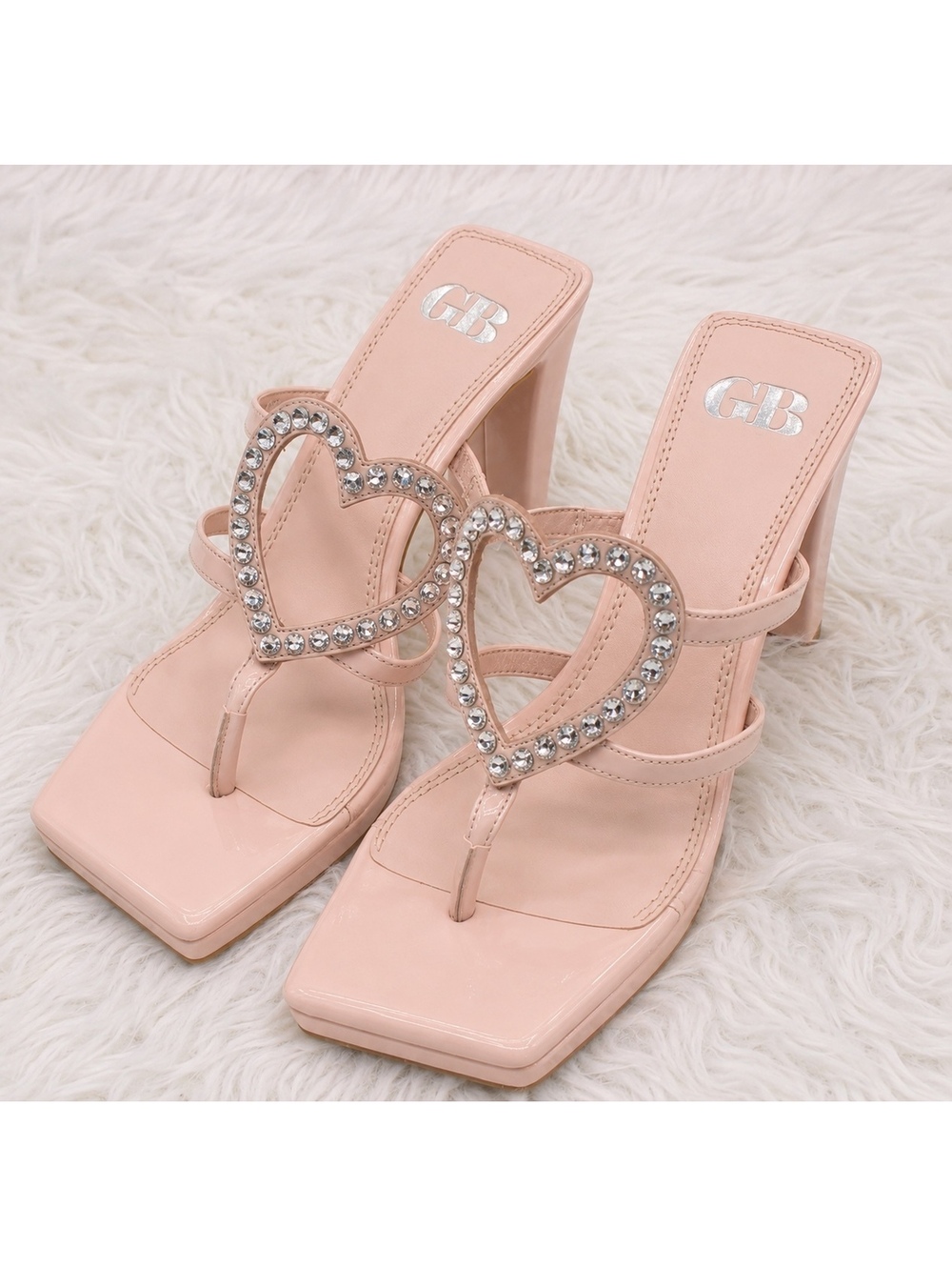 Gianni Bini GB “The Heart” Rhinestone Heart Platform Thong Heeled Sandals Pink - Picture 5 of 13